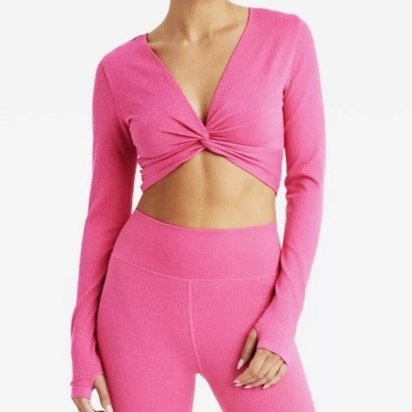 JoyLab Tops - JoyLab Pink Long Sleeve Tie Front Crop Top activewear
